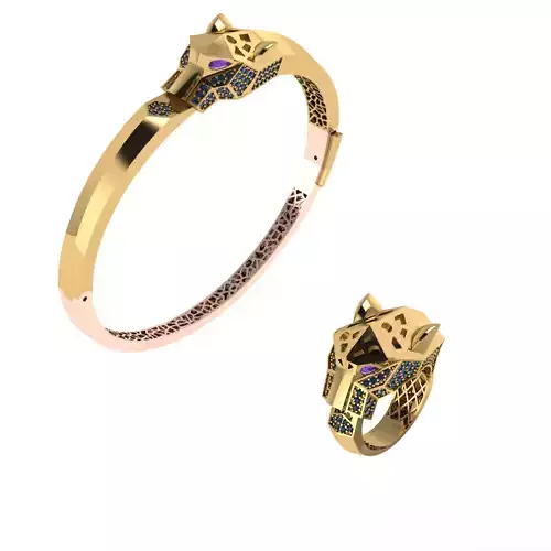 Luxury Panther Head Jewelry Set  Gold Bracelet  Ring   3D print model