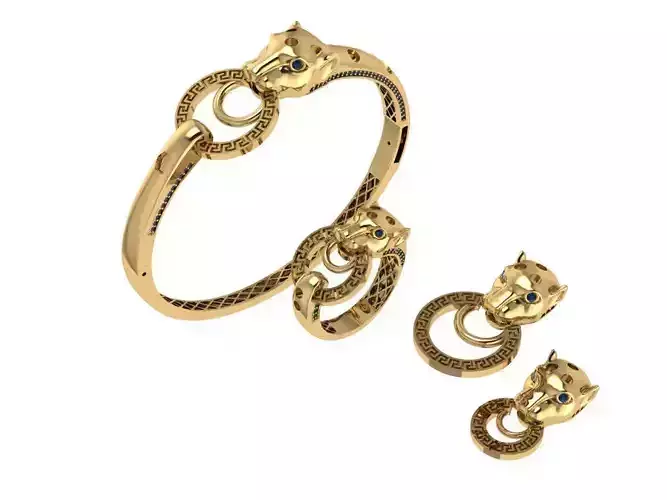 Panther Head Jewelry Set  Gold Greek Key Design  3D print model