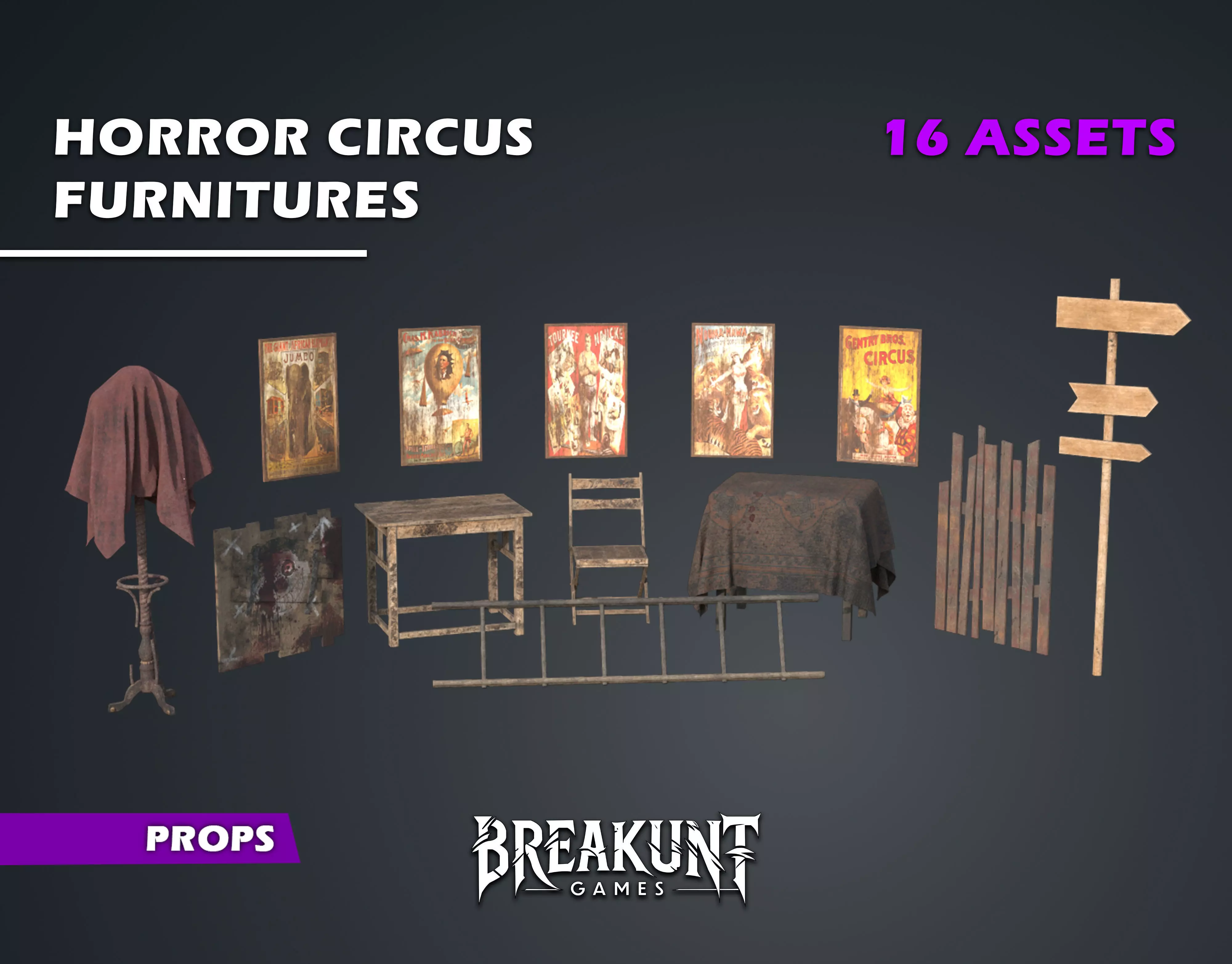 Horror Circus Furnitures - 3d Models pack - 16 assets Low-poly 3D model_0