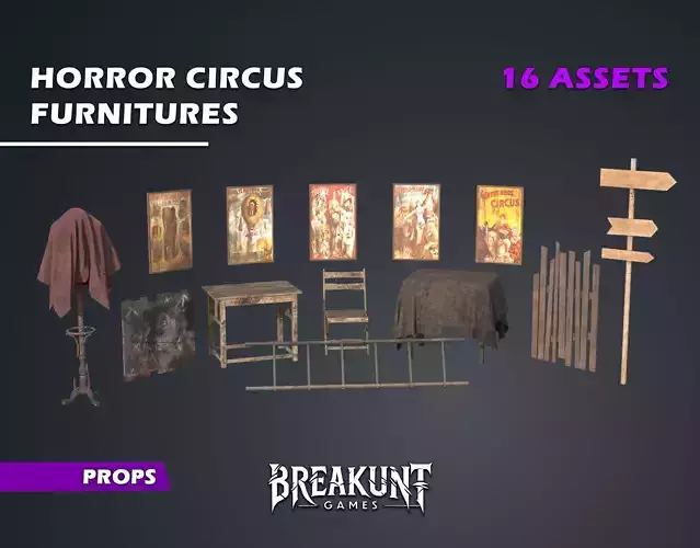 Horror Circus Furnitures - 3d Models pack - 16 assets Low-poly 3D model