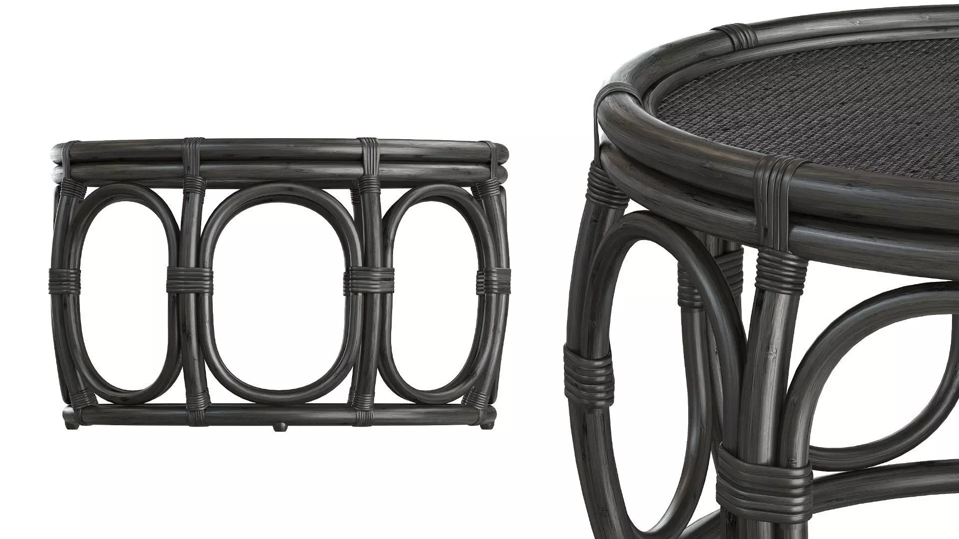 Black Round Wicker rattan bamboo table 3D model_7