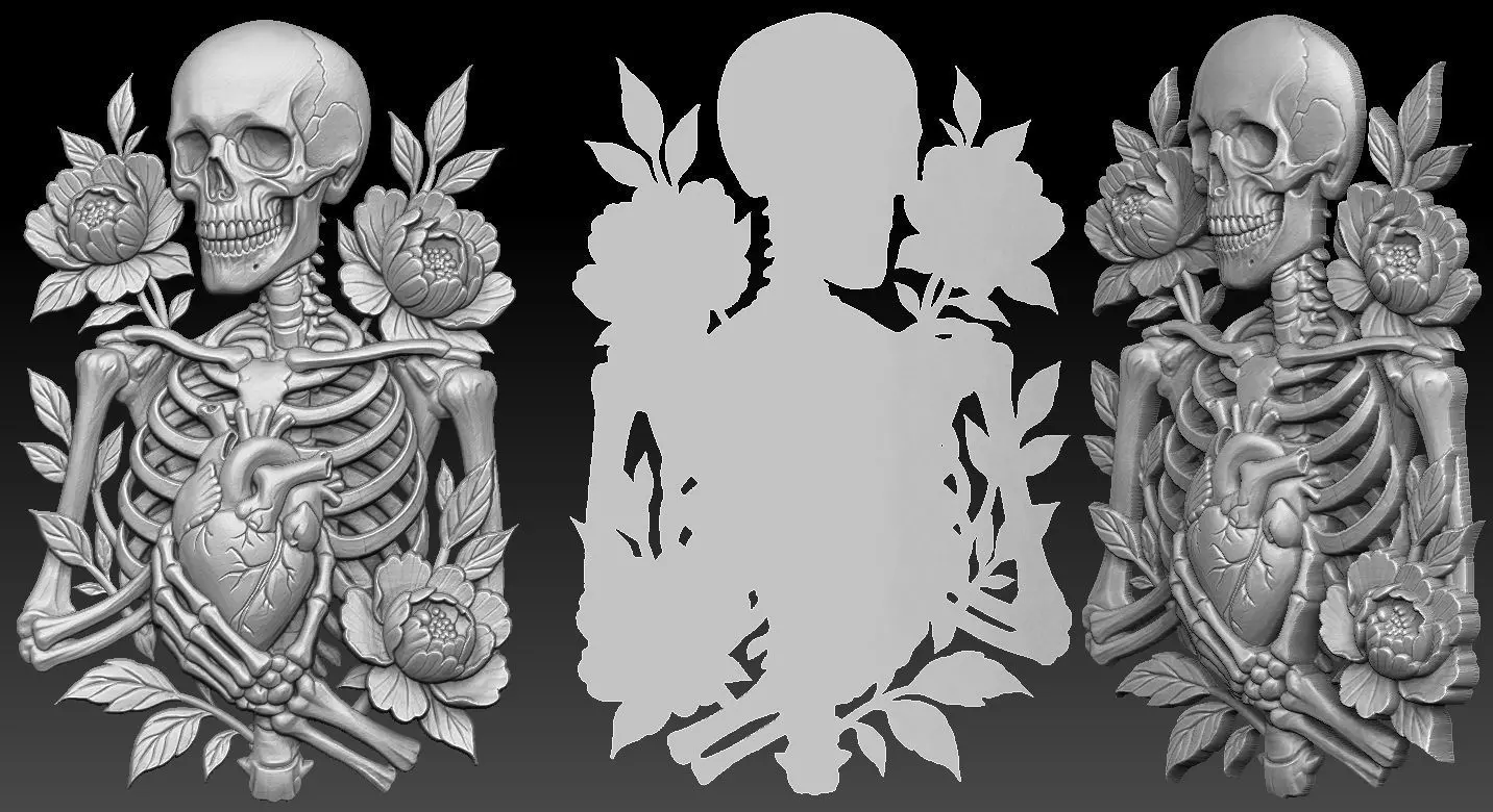 Heart and flowers Relief 3D print model_3