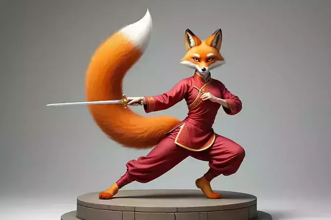 1628Color 3D Model of a Fox Woman Practicing Kung Fu 