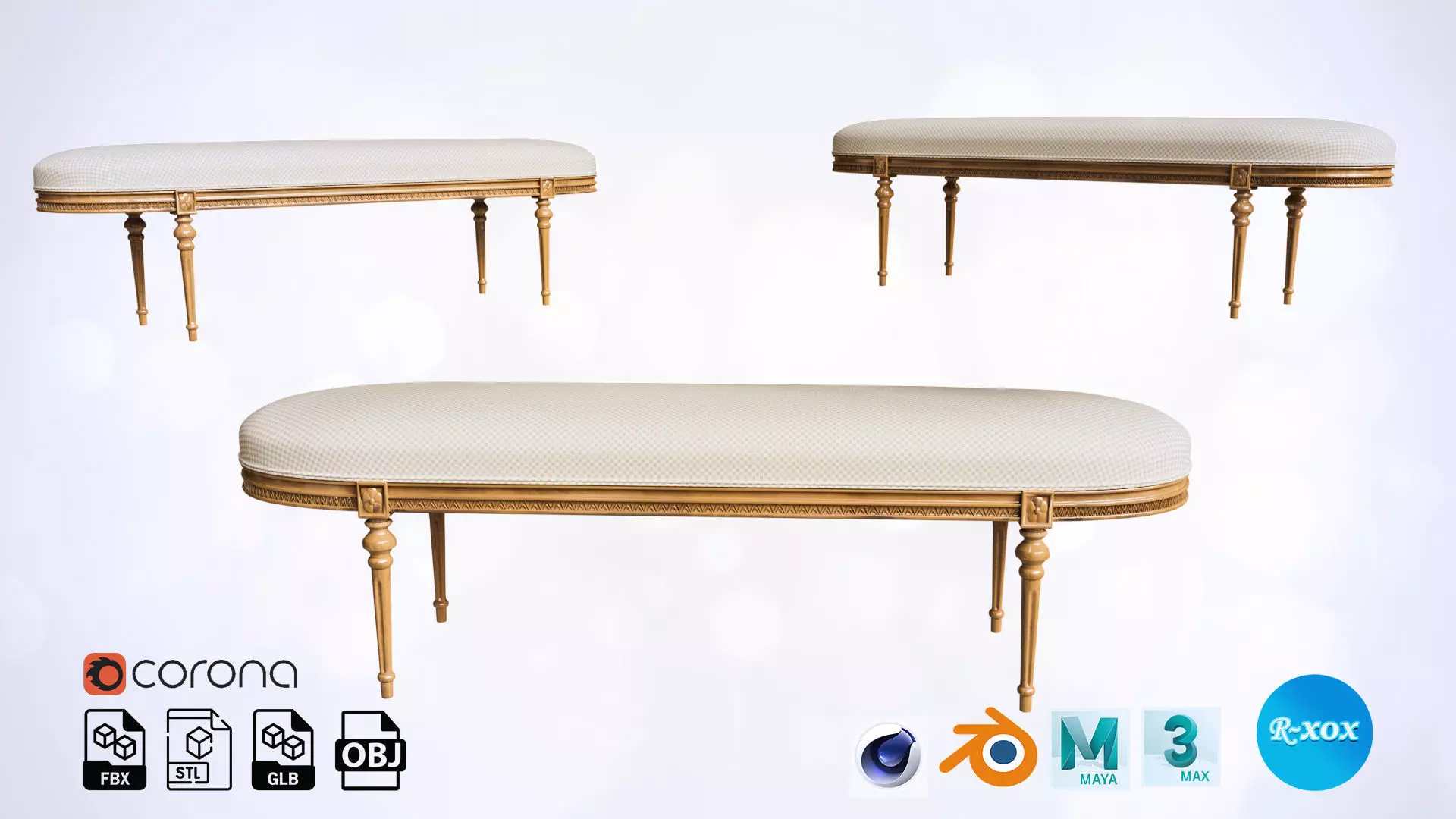 Antique Style Oval-End Upholstered Bench 3D model_0