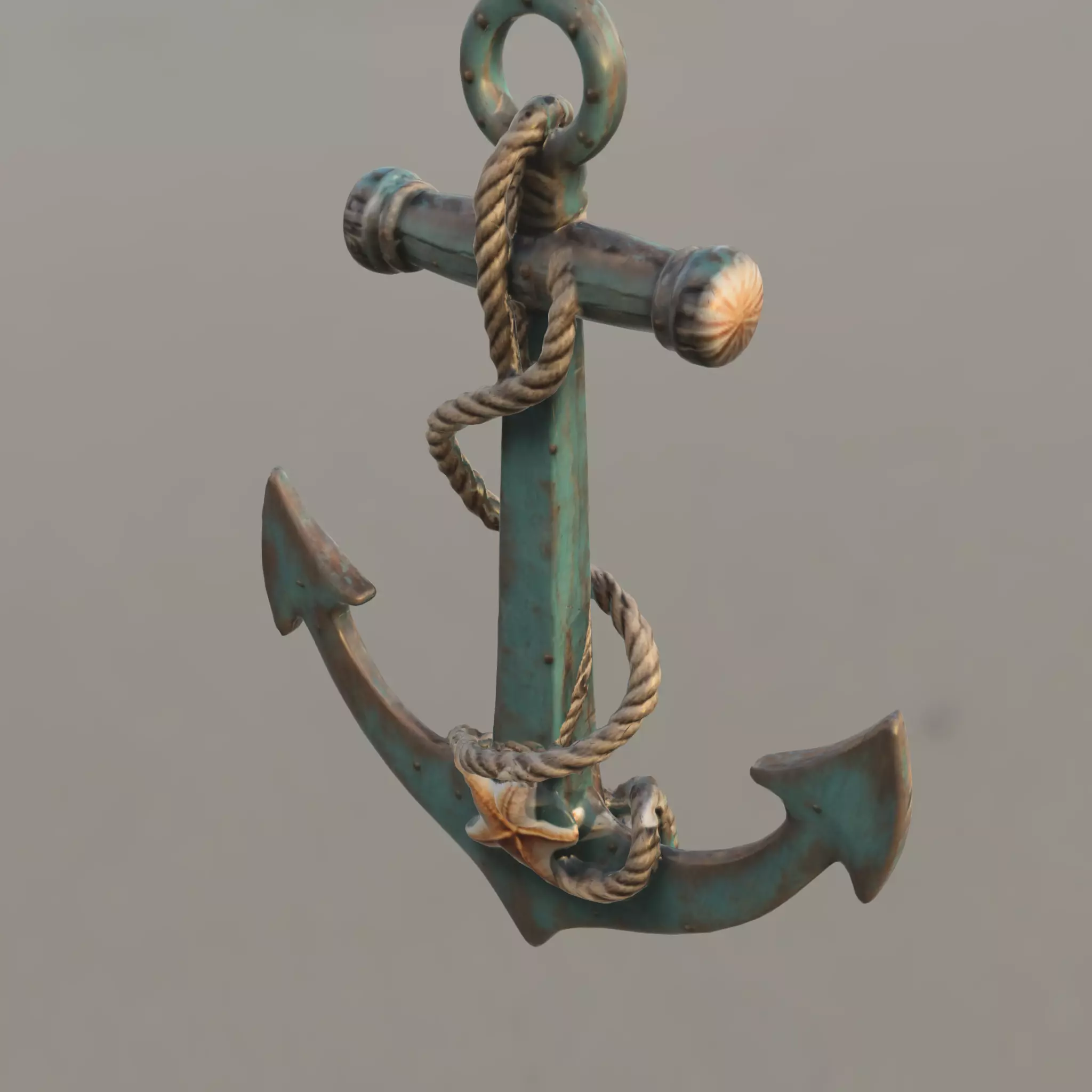 Rustic Nautical Anchor with Rope and Starfish Low-poly 3D model_1