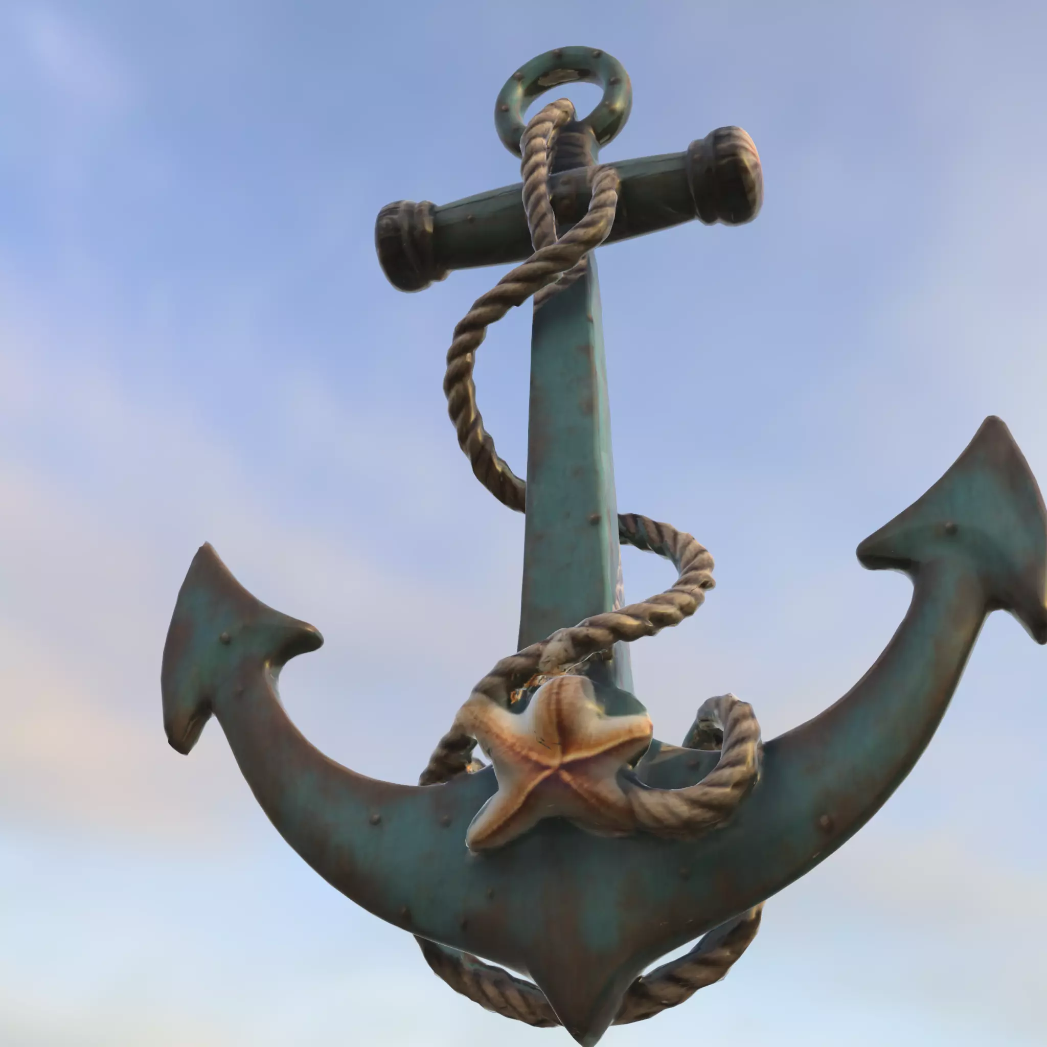 Rustic Nautical Anchor with Rope and Starfish Low-poly 3D model_4