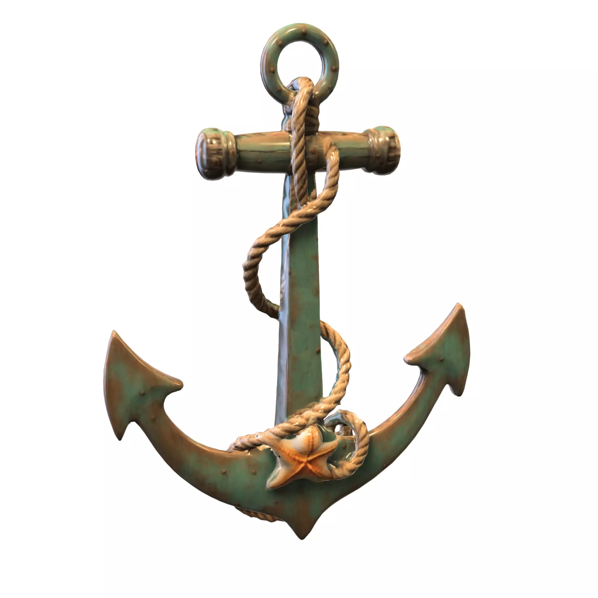 Rustic Nautical Anchor with Rope and Starfish Low-poly 3D model_0