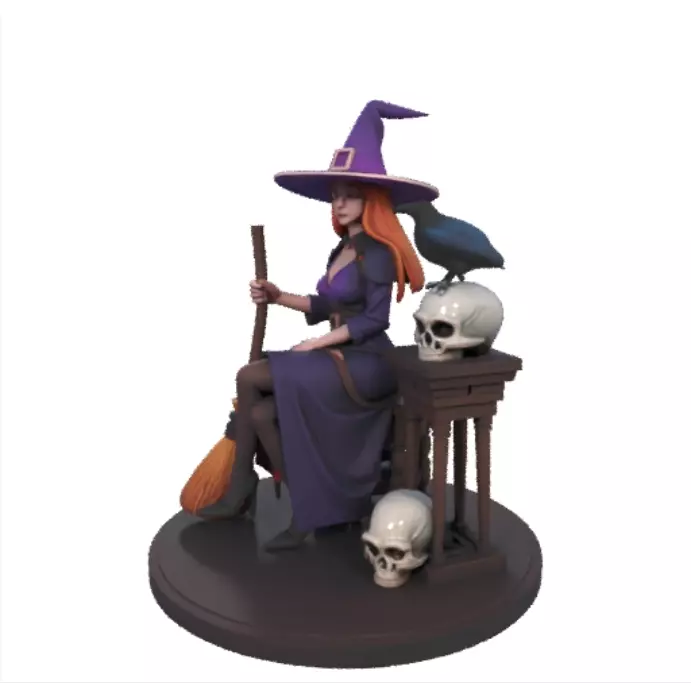 1638 Elegant Witch with Broom Raven and Skull Colorful 3D print model_0