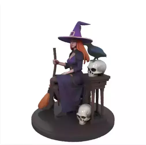 1638  Elegant Witch with Broom Raven and  Skull  Colorful 