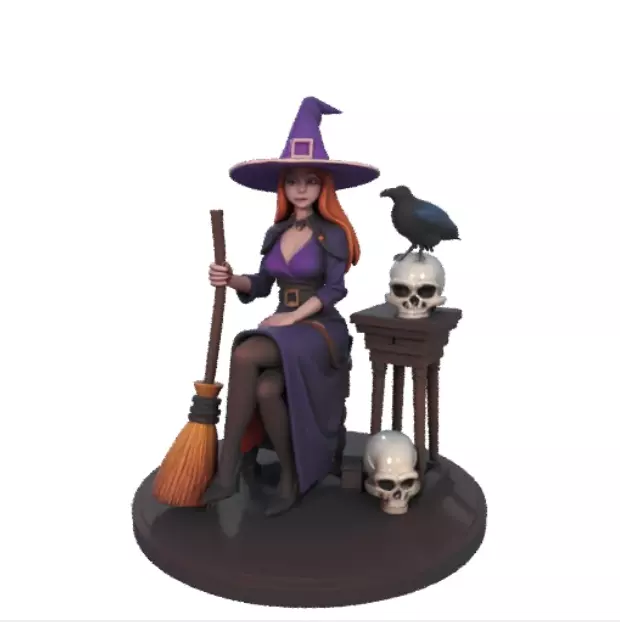 1638 Elegant Witch with Broom Raven and Skull Colorful 3D print model_1