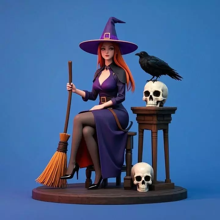 1638 Elegant Witch with Broom Raven and Skull Colorful 3D print model_2