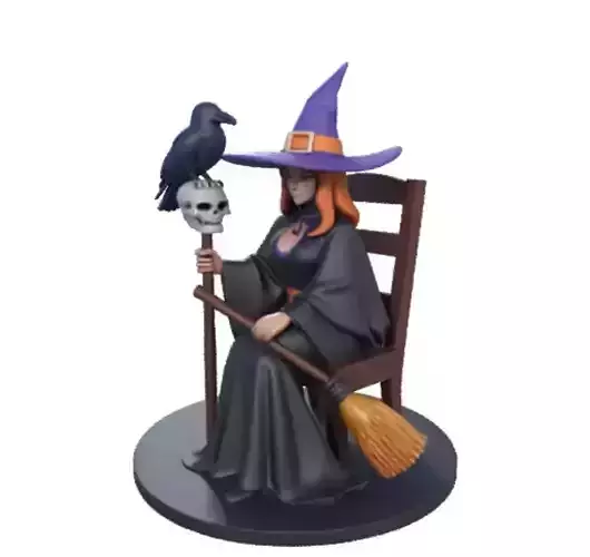 1639  Elegant Witch with Broom  Raven and  Skull  Colorful
