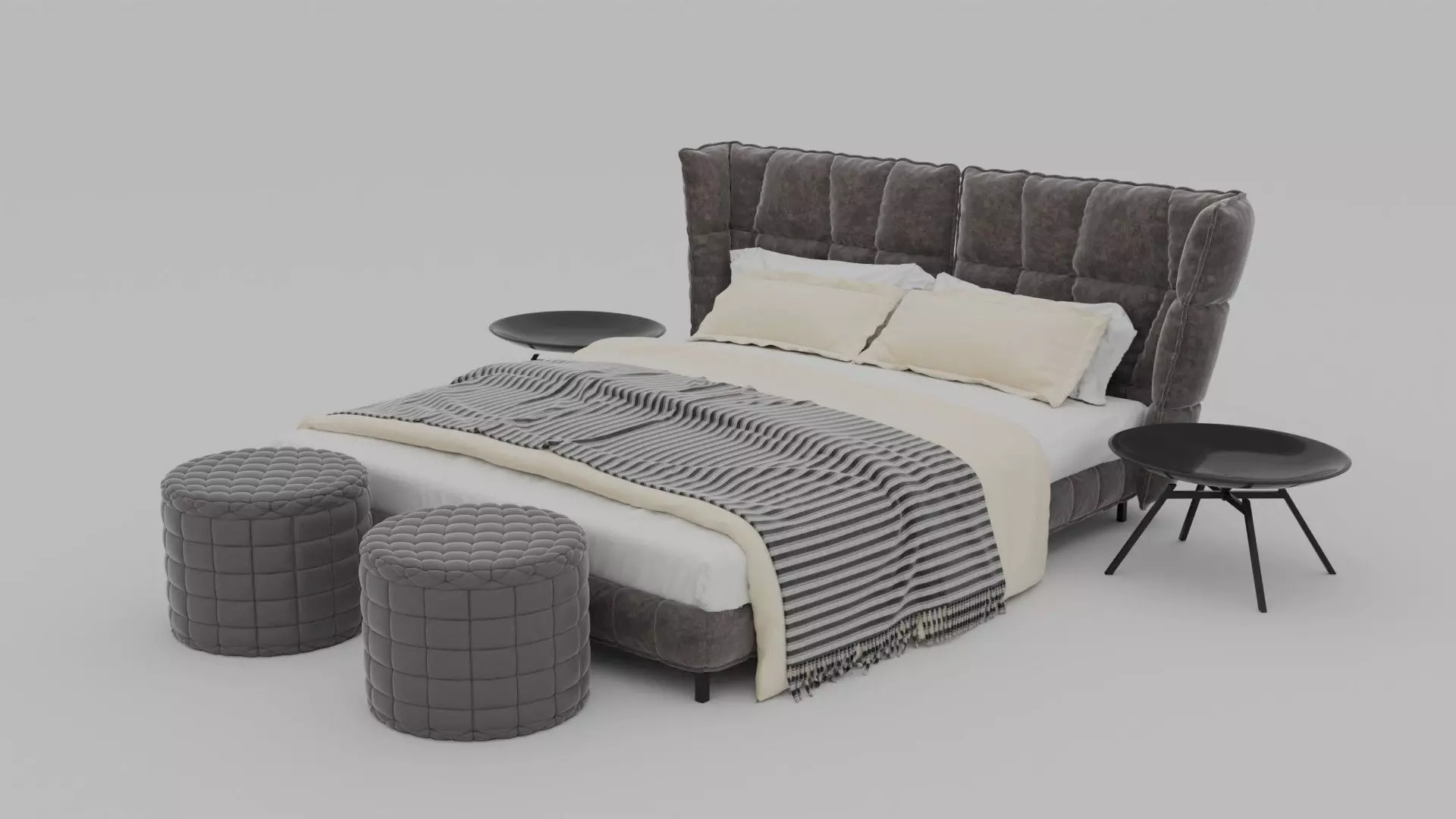 Modern Upholstered Bed Set with Side Tables and Poufs - 3D Model 3D model_1