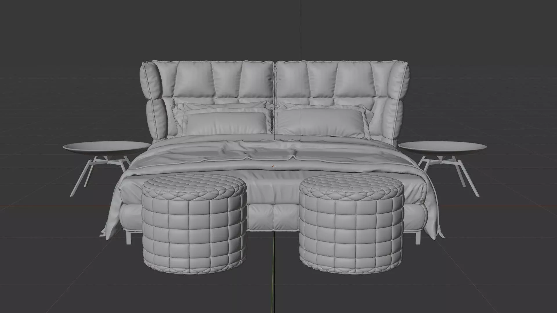 Modern Upholstered Bed Set with Side Tables and Poufs - 3D Model 3D model_6