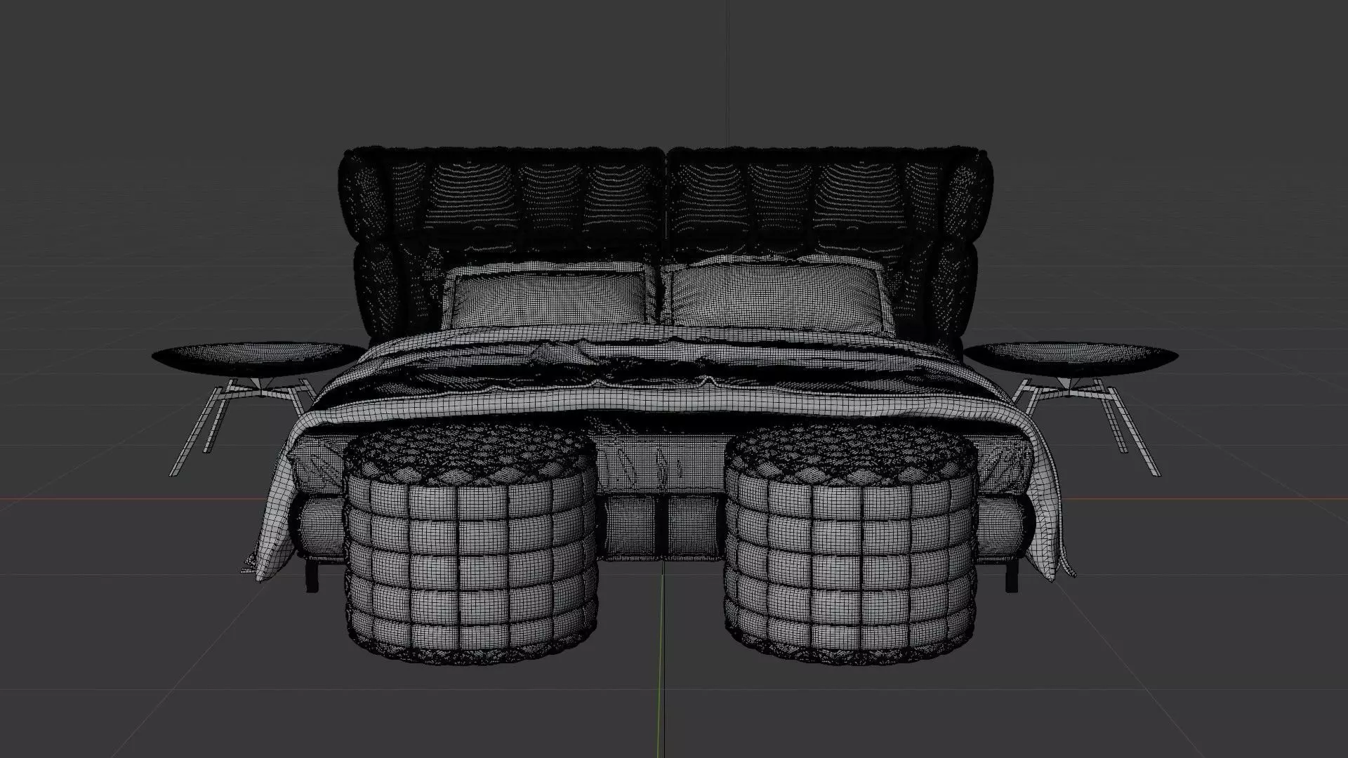 Modern Upholstered Bed Set with Side Tables and Poufs - 3D Model 3D model_5