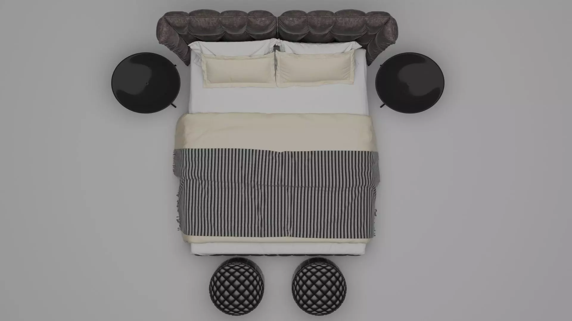 Modern Upholstered Bed Set with Side Tables and Poufs - 3D Model 3D model_4