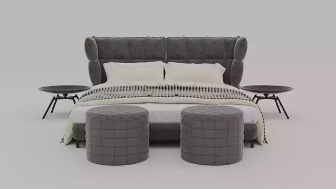 Modern Upholstered Bed Set with Side Tables and Poufs - 3D Model 3D model