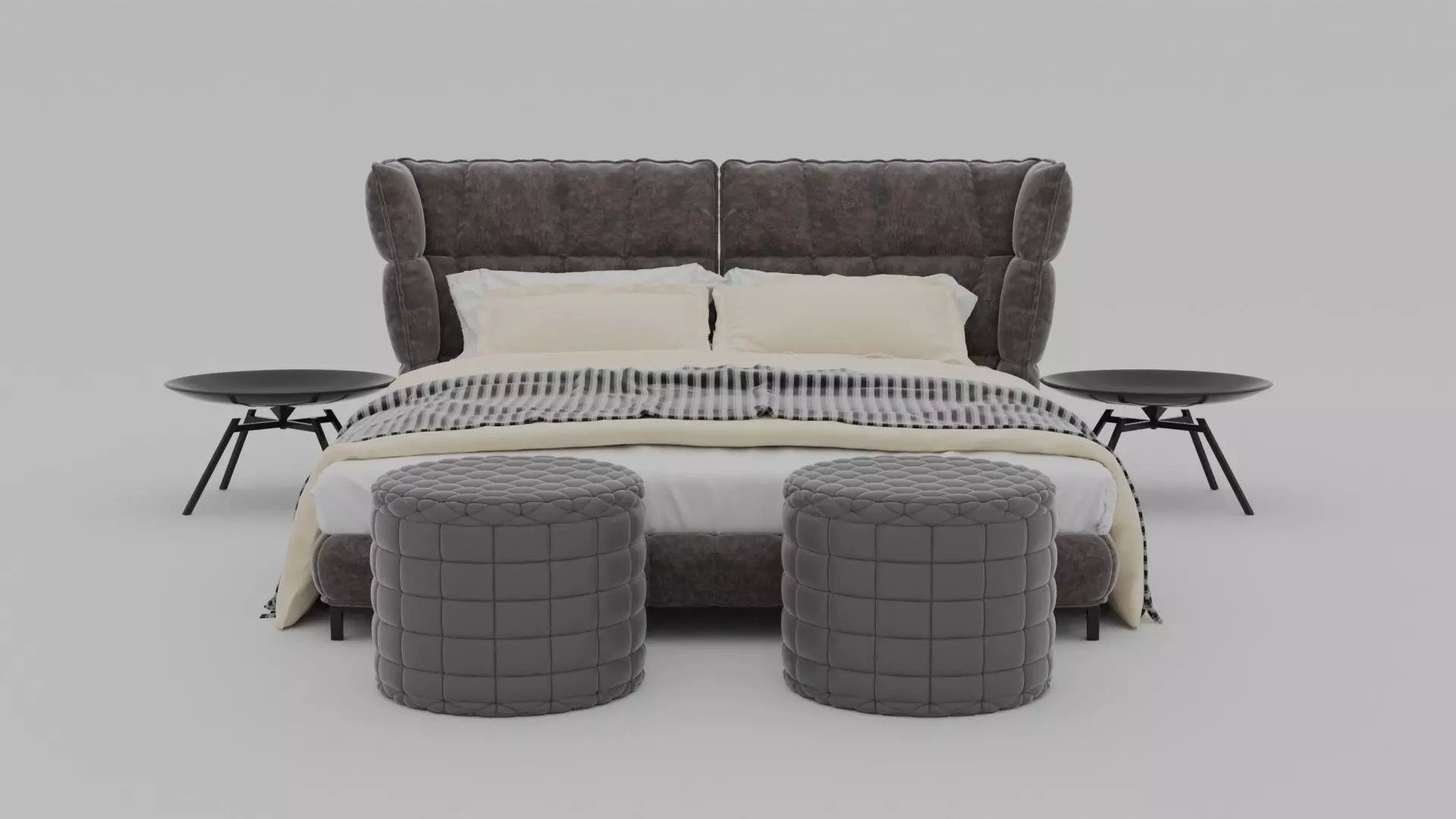 Modern Upholstered Bed Set with Side Tables and Poufs - 3D Model 3D model_0