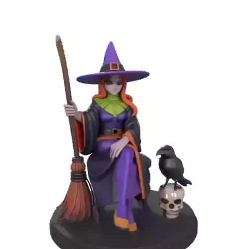 1640 Elegant Witch with Broom   Raven and  Skull  Colorful