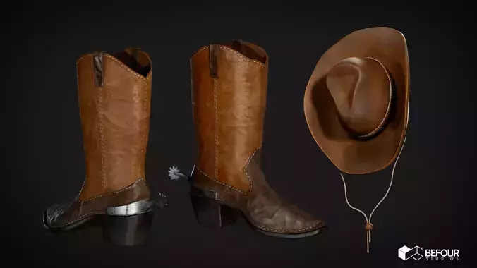Cowboy Hat and Boot Set Low-poly 3D model