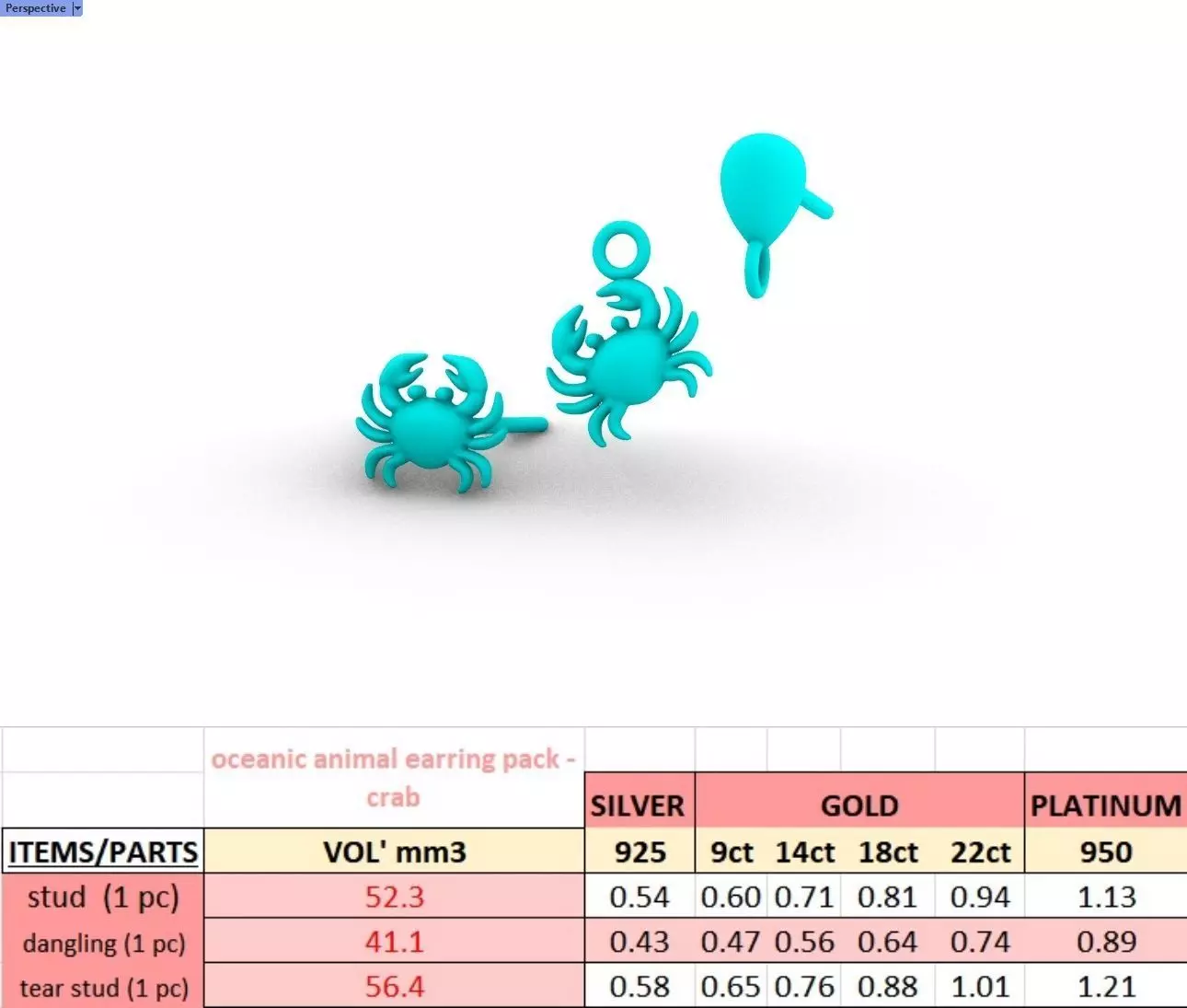 Oceanic Animal Stud and Dangling Earring Pack - Crab 3D print model_23