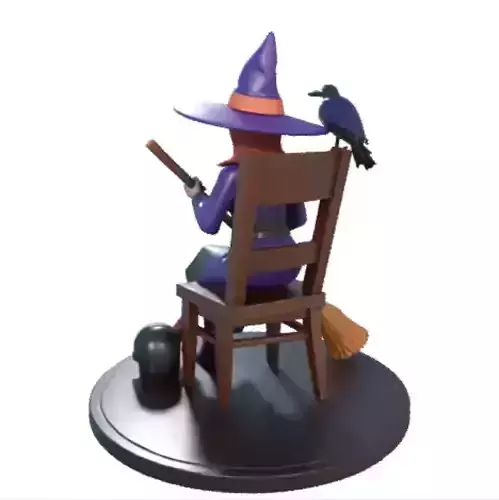 1641  Elegant Witch with Broom  Raven and  Skull  Colorful