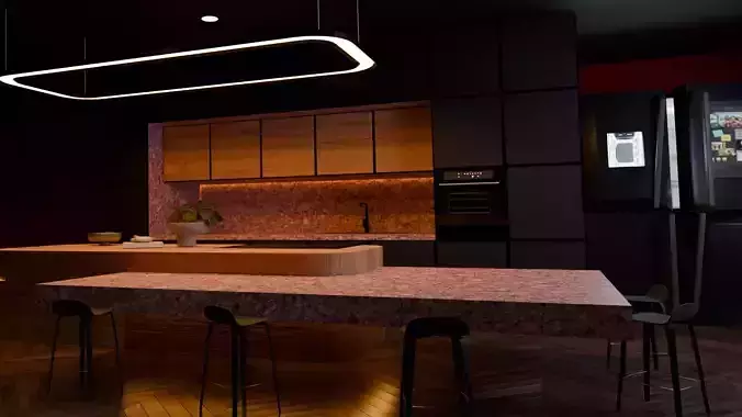 Neon Wine Red Kitchen  Modern Interior Scene 