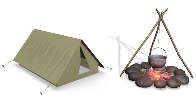 Campfire tepee with fire and rocks Free low-poly 3D model