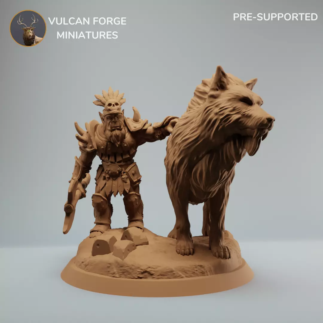 Orc Warchief with Dire Wolf Orc Chieftain supported 3D print model