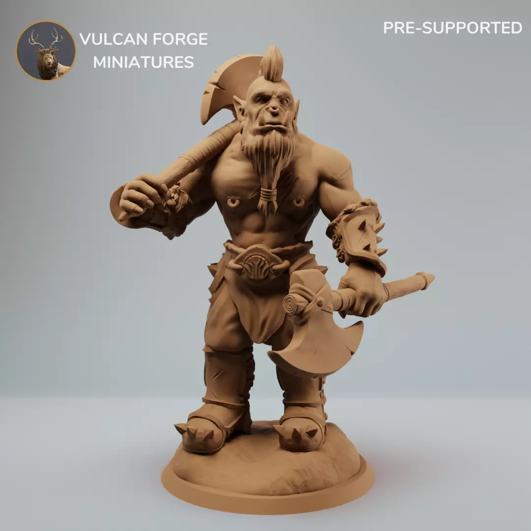 Orc Berserker with Two Axes Standing supported 3D print model_0