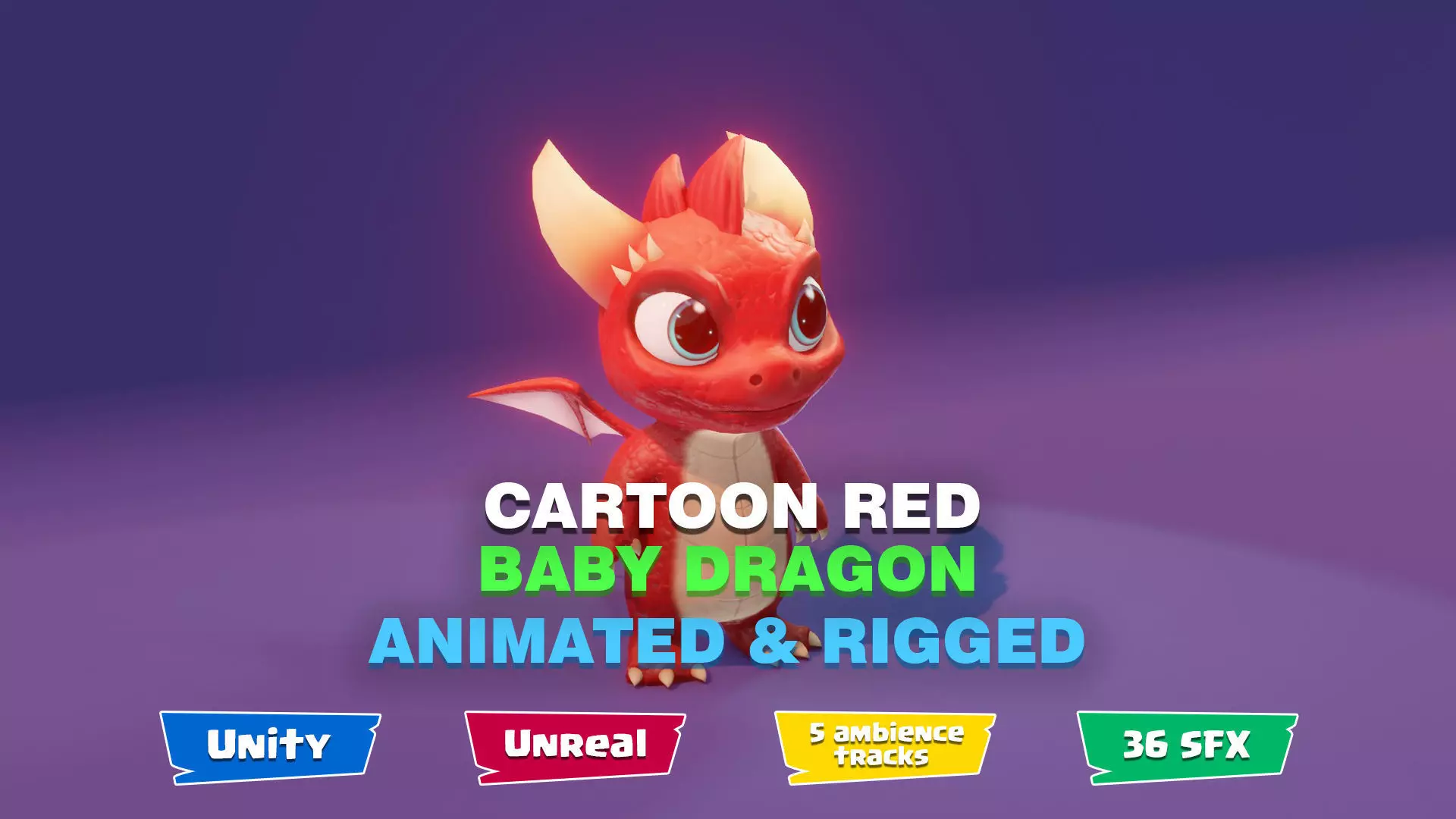 Red Baby Dragon 3D Character with Audio Unity and Unreal Ready Low-poly 3D model