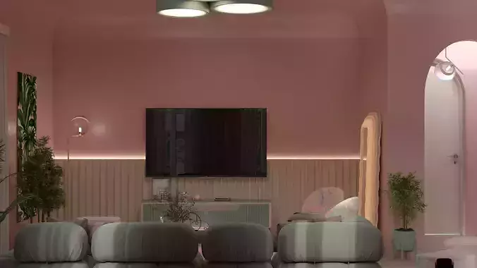 Marshmallow Living Room Soft Pastel 3D Scene