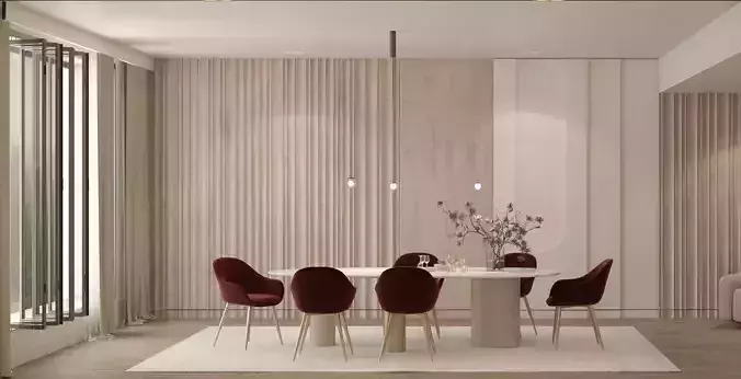 Modern Elegant Dining Room 3D Model  Wood and Burgundy Accents