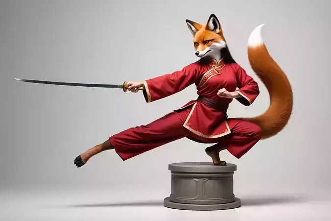 1645Color 3D Model of a Fox Woman Practicing Kung Fu