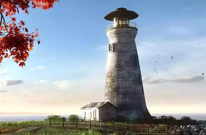 Lighthouse and Cabin Antiquated Style with PBR Materials 3D model