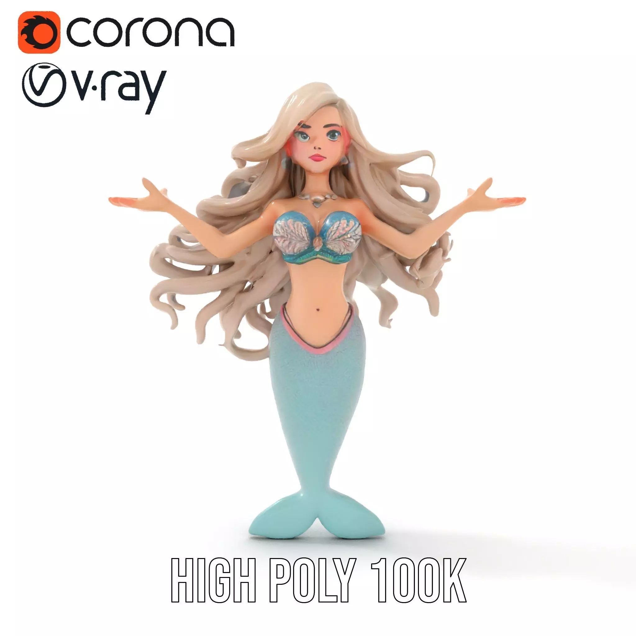 Elegant Mermaid Rigged and Animated Character Model Low-poly 3D model_29