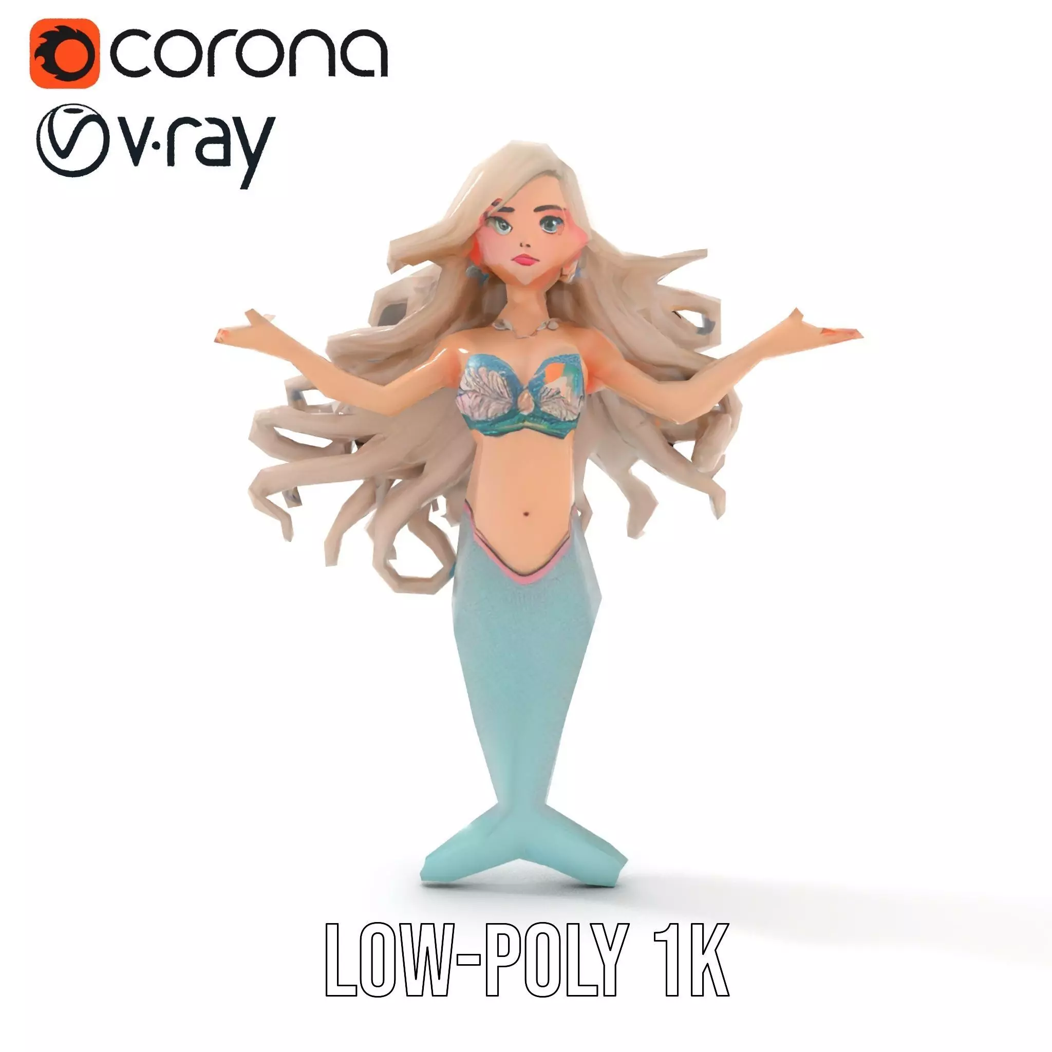 Elegant Mermaid Rigged and Animated Character Model Low-poly 3D model_17