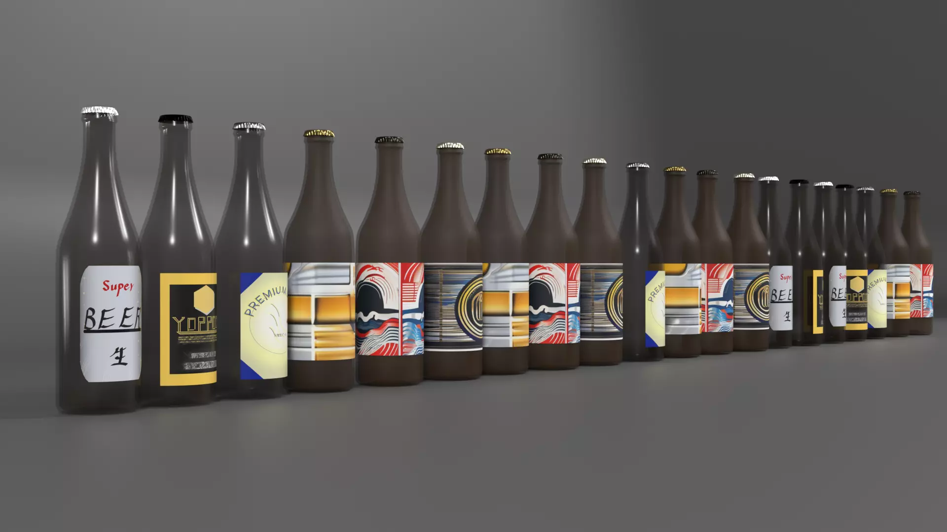Japanese Sake Bottle Row 20 bottles Low-poly 3D model_0