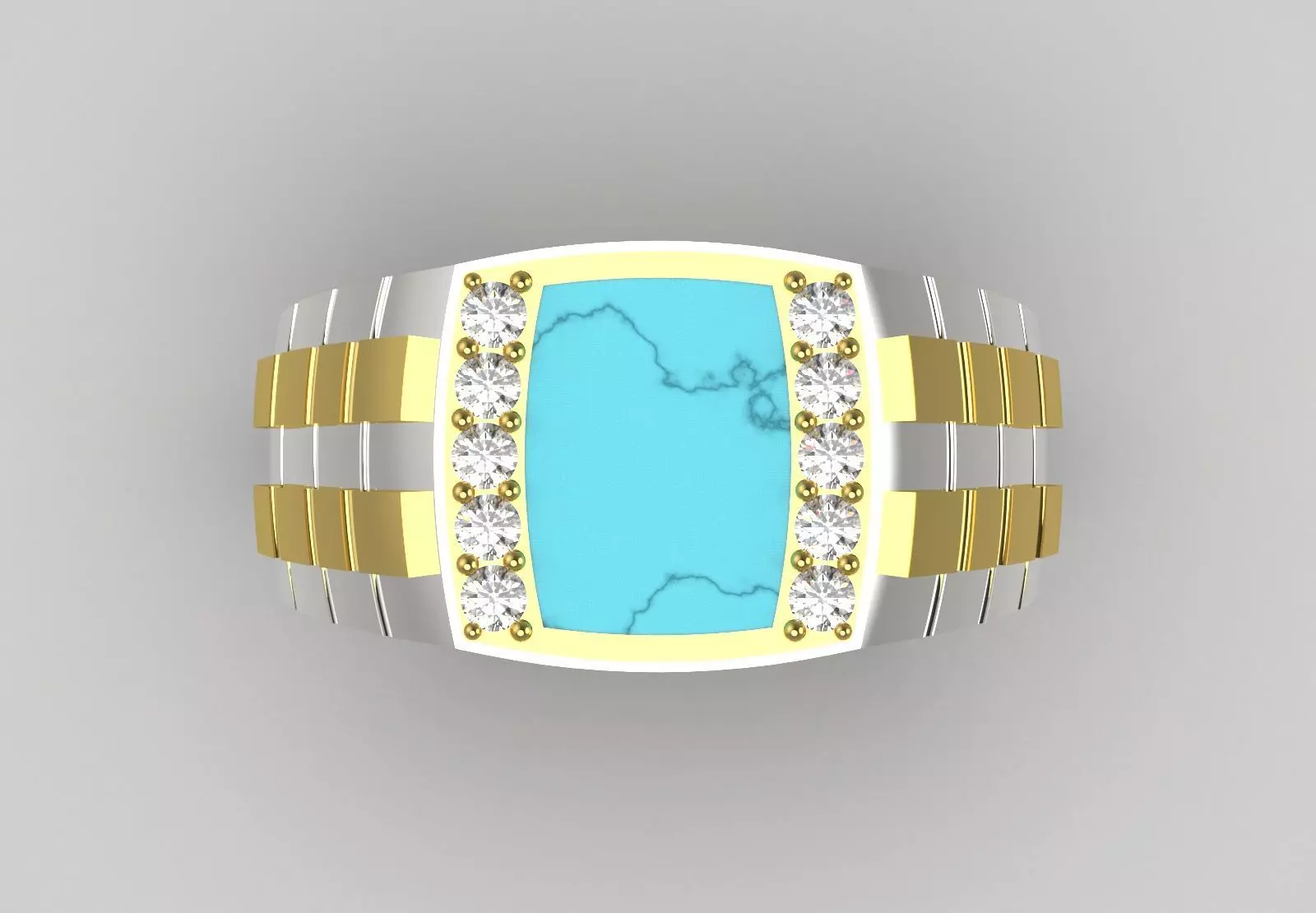 Two-tone man ring with turquoise and diamond model mr0241 3D print model_3