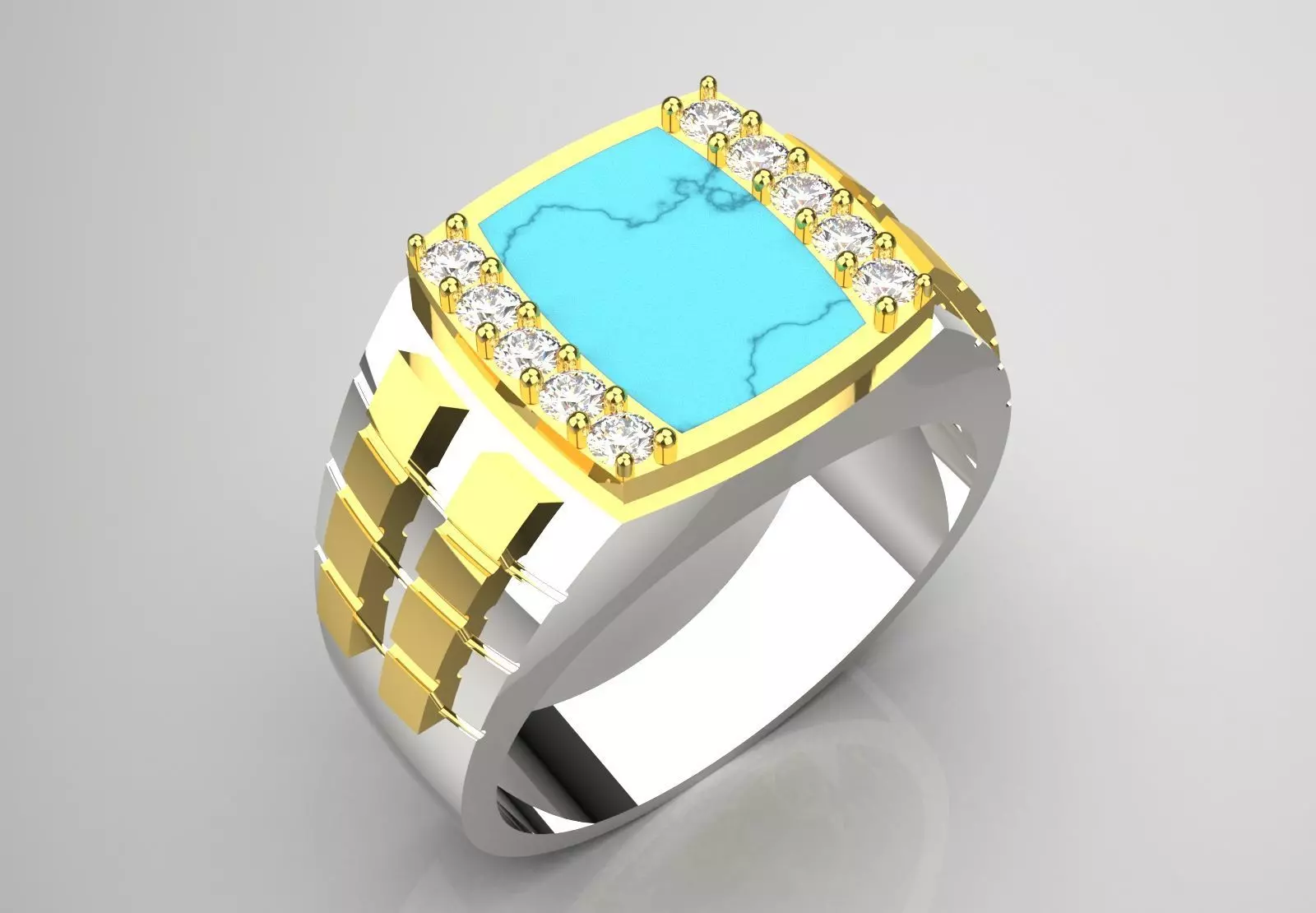 Two-tone man ring with turquoise and diamond model mr0241 3D print model_0