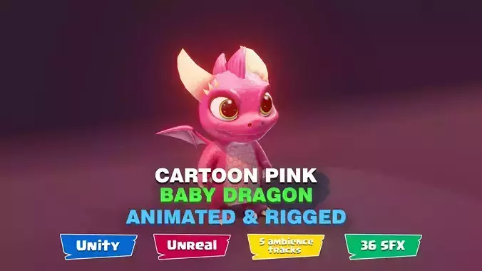 Pink Baby Dragon 3D Character with Audio Unity and Unreal Ready Low-poly 3D model