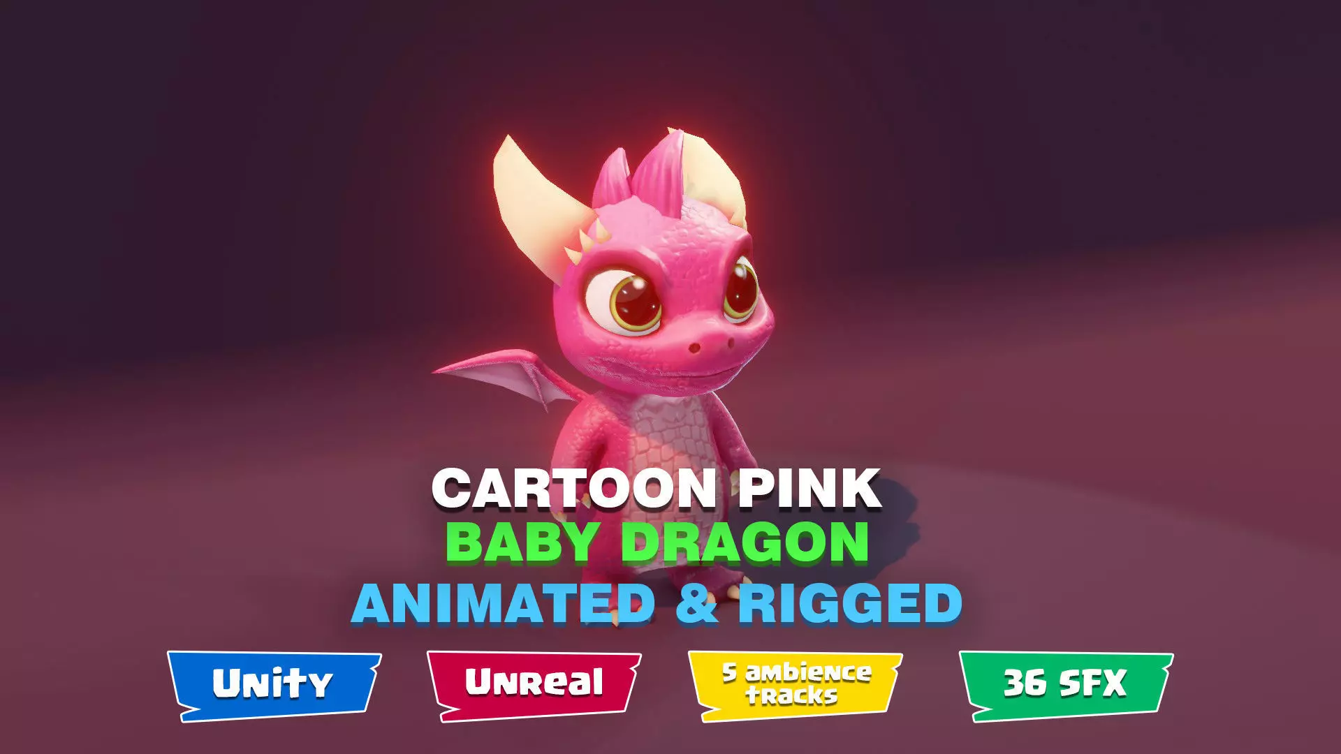 Pink Baby Dragon 3D Character with Audio Unity and Unreal Ready Low-poly 3D model_0