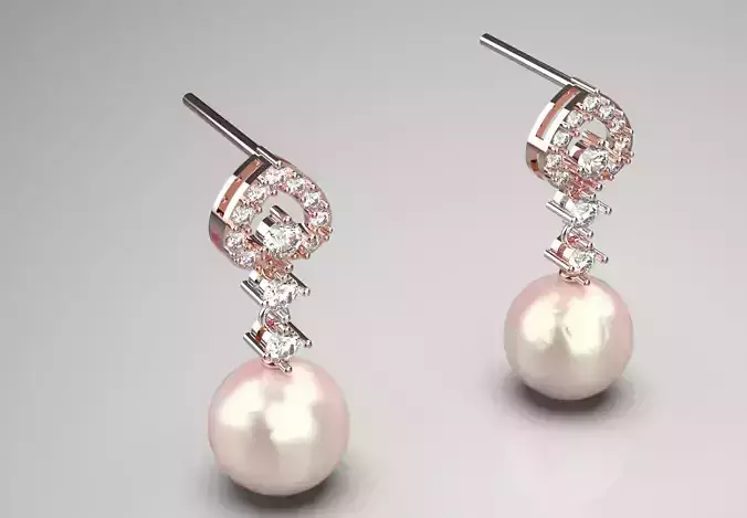 Teardrop-shaped drop earrings pearls and diamonds model pe0045 3D print model