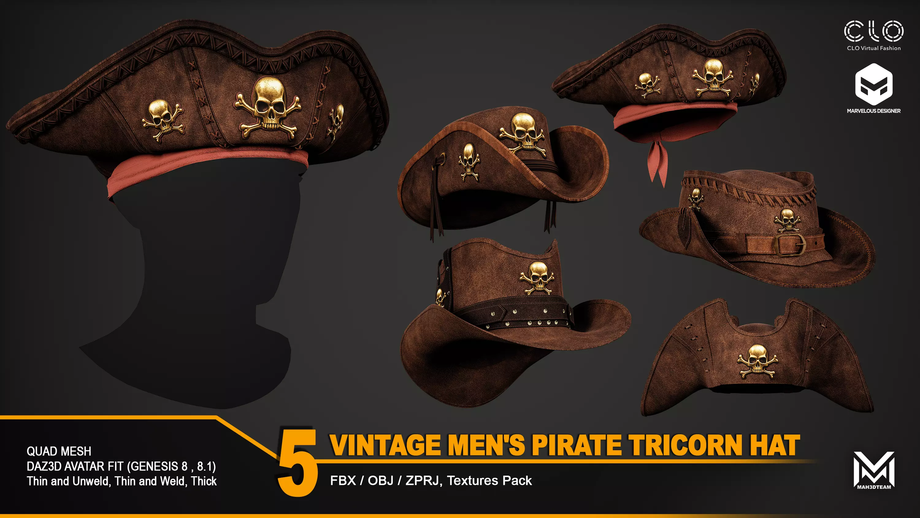 5 Vintage Men Pirate Tricorn Hat- ZPRJ-FBX-OBJ Files 3D model