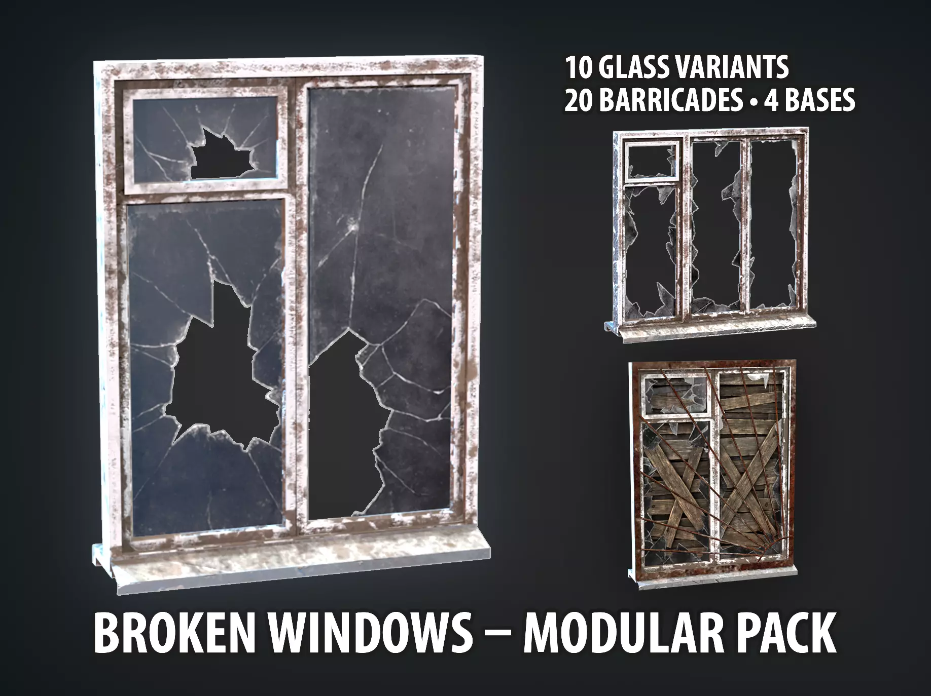 Post-Apocalyptic Broken Windows - Modular Barricade Pack Low-poly 3D model_0