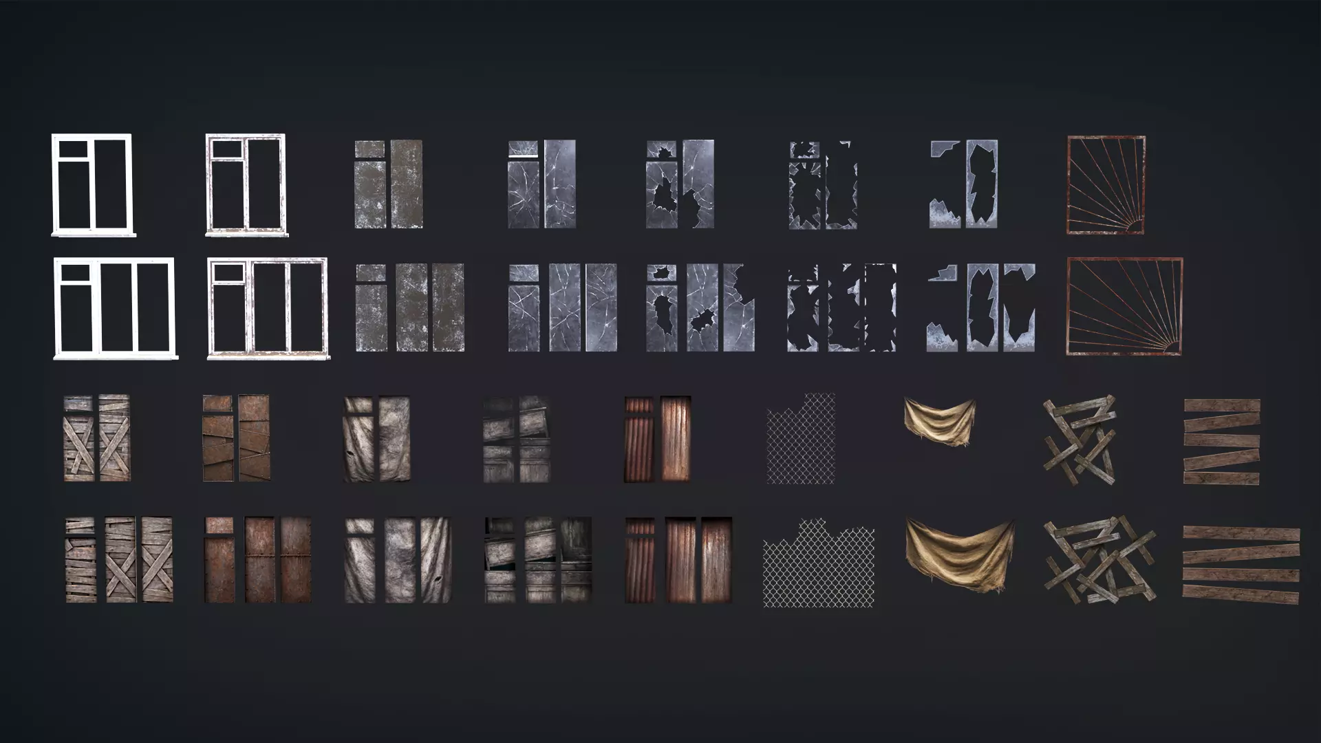 Post-Apocalyptic Broken Windows - Modular Barricade Pack Low-poly 3D model_5