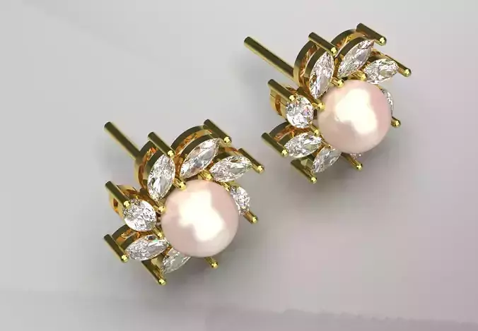Gold flower design stud earring with pearl diamonds  modelpe0046 3D print model