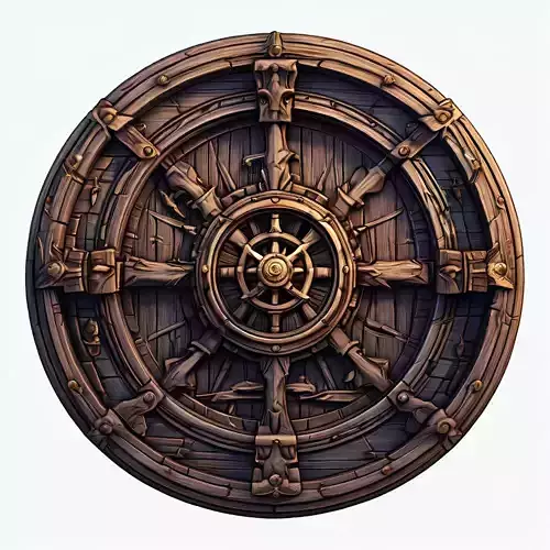 Stylized Wooden Ship Wheel Shield Low-poly 3D model