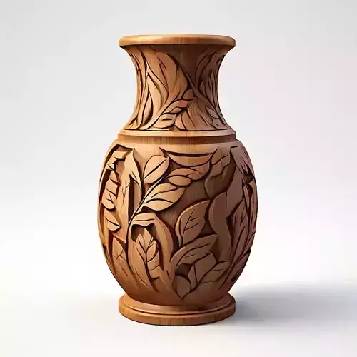 Carved Wooden Vase with Leaf Design