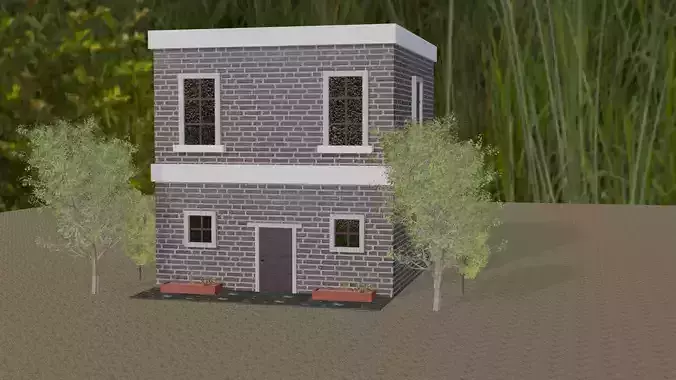 Low-Poly Brick House with Trees  Realistic Exterior 3D Model